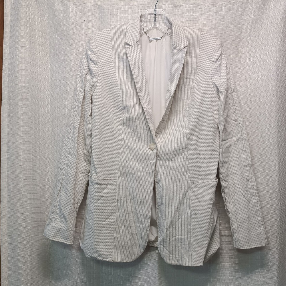 Elie Tahari Women's White Stripes Linen Blend Blazer S Preppy Office Career Flaw